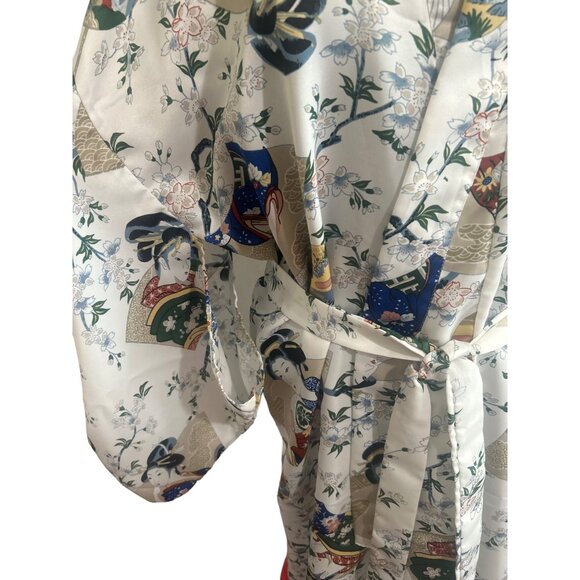 Jade Brand, White Floral Print/Geisha Design Long Polyester Kimono - Picture 8 of 11